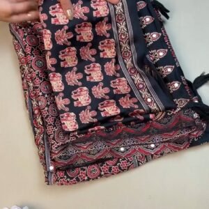 Black Elephant Motif Printed Cotton Suit Set with Mirror Work Accents