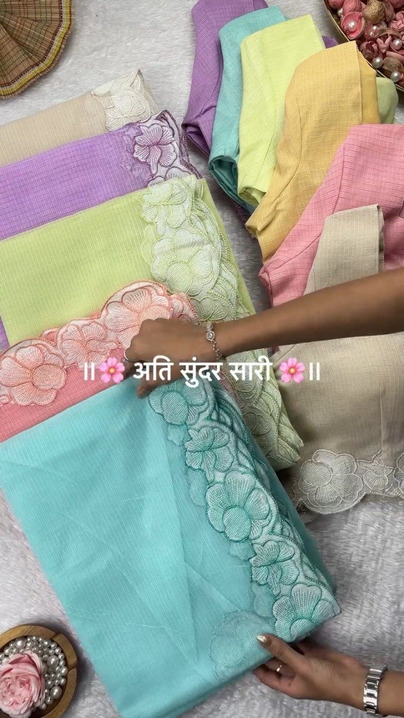 Pastel Floral Scalloped Border Saree with Matching Embroidered Blouse β Available in Lavender, Peach, Teal, Lemon & Beige