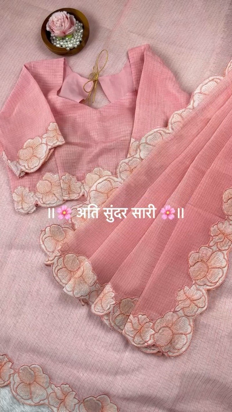 Pastel Floral Scalloped Border Saree with Matching Embroidered Blouse β Available in Lavender, Peach, Teal, Lemon & Beige - Image 5