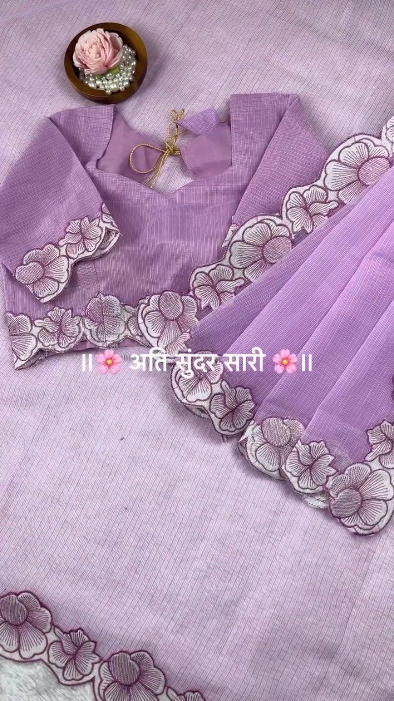 Pastel Floral Scalloped Border Saree with Matching Embroidered Blouse β Available in Lavender, Peach, Teal, Lemon & Beige - Image 6