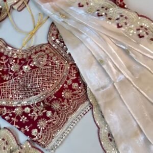 Regal Crimson & Cream Embroidered Lehenga Set – Featuring Intricate Zardosi Craftsmanship