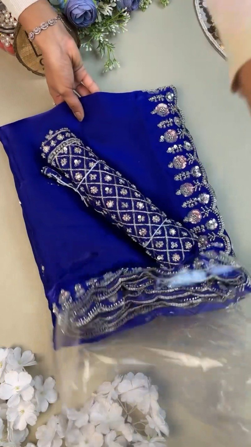 Royal Cobalt Blue Sequined Chiffon Saree with Intricate Border Detail