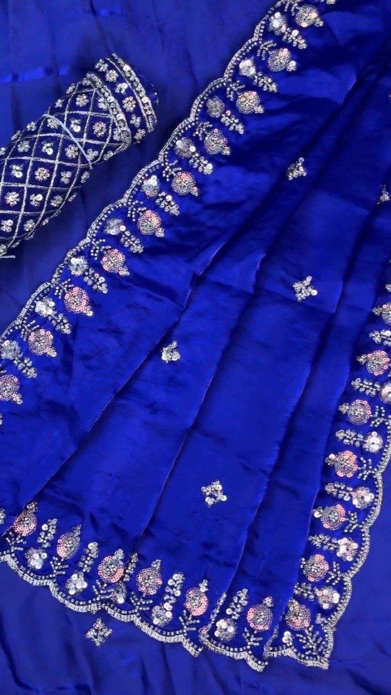 Royal Cobalt Blue Sequined Chiffon Saree with Intricate Border Detail - Image 4
