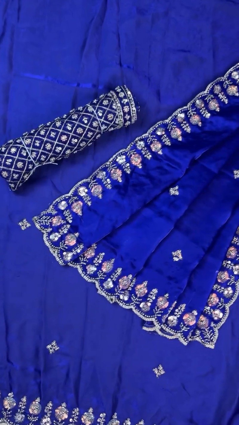 Royal Cobalt Blue Sequined Chiffon Saree with Intricate Border Detail - Image 5