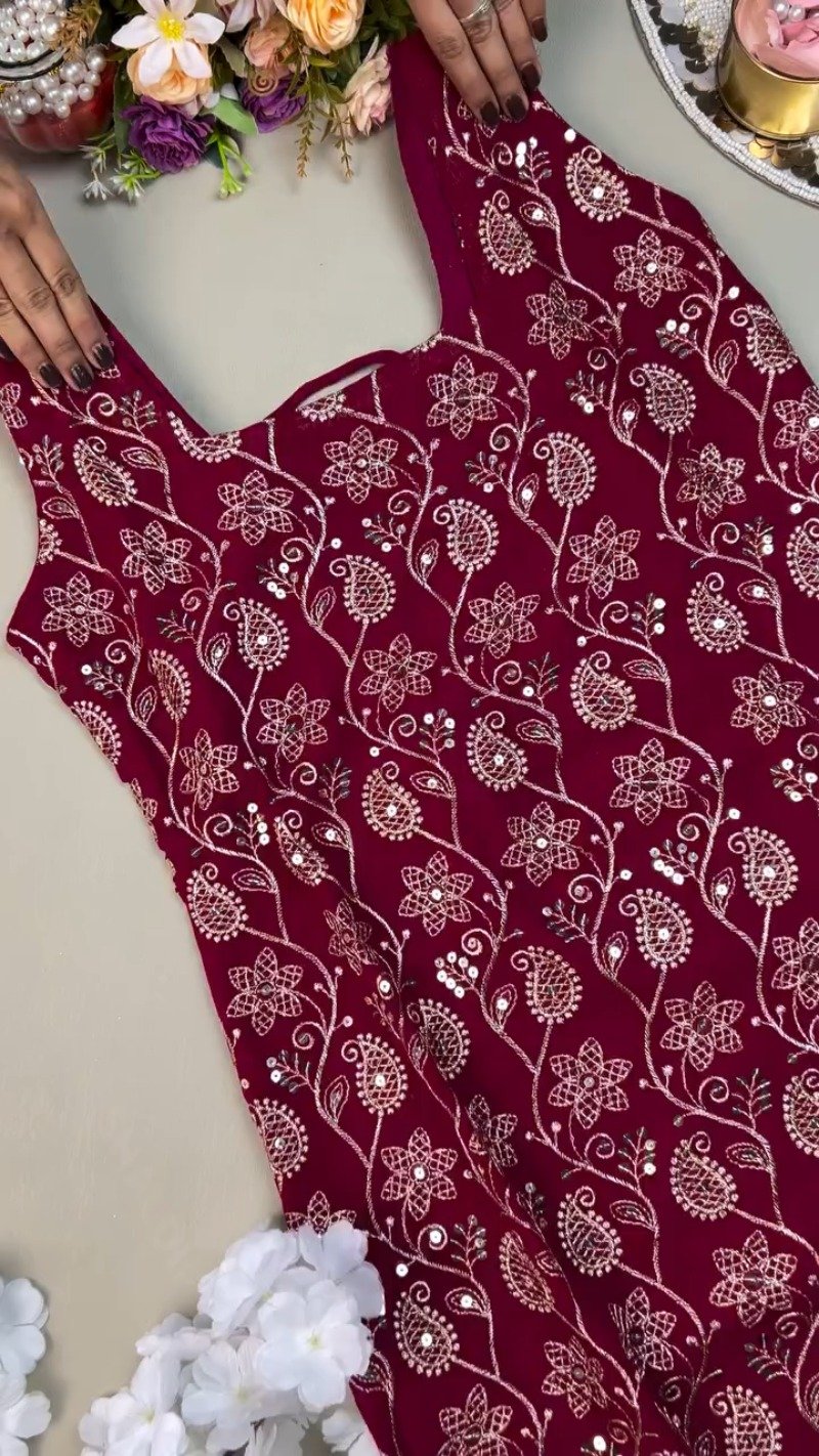 Deep Magenta Floral Thread-Work Kurta Set with Intricate Back Lace-Up Detailing