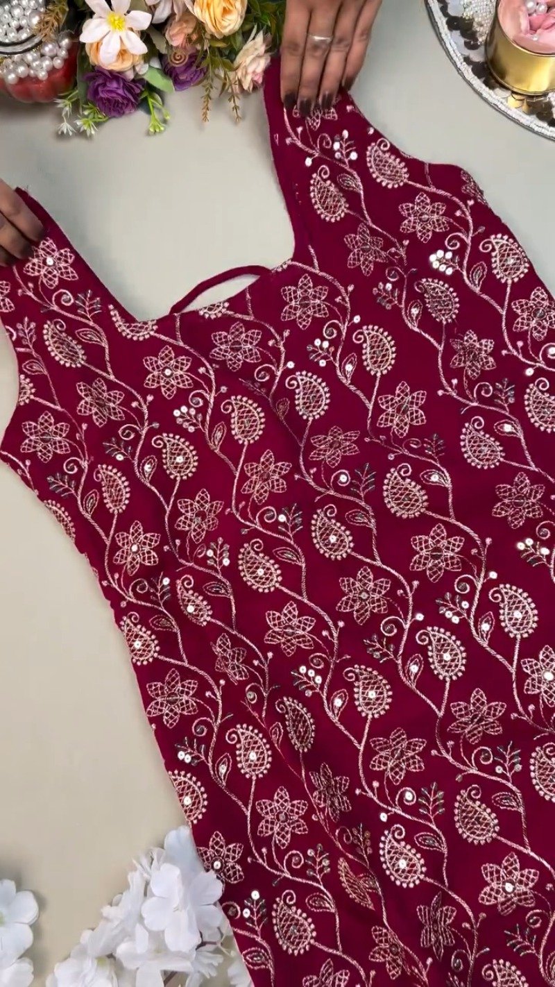Deep Magenta Floral Thread-Work Kurta Set with Intricate Back Lace-Up Detailing - Image 2