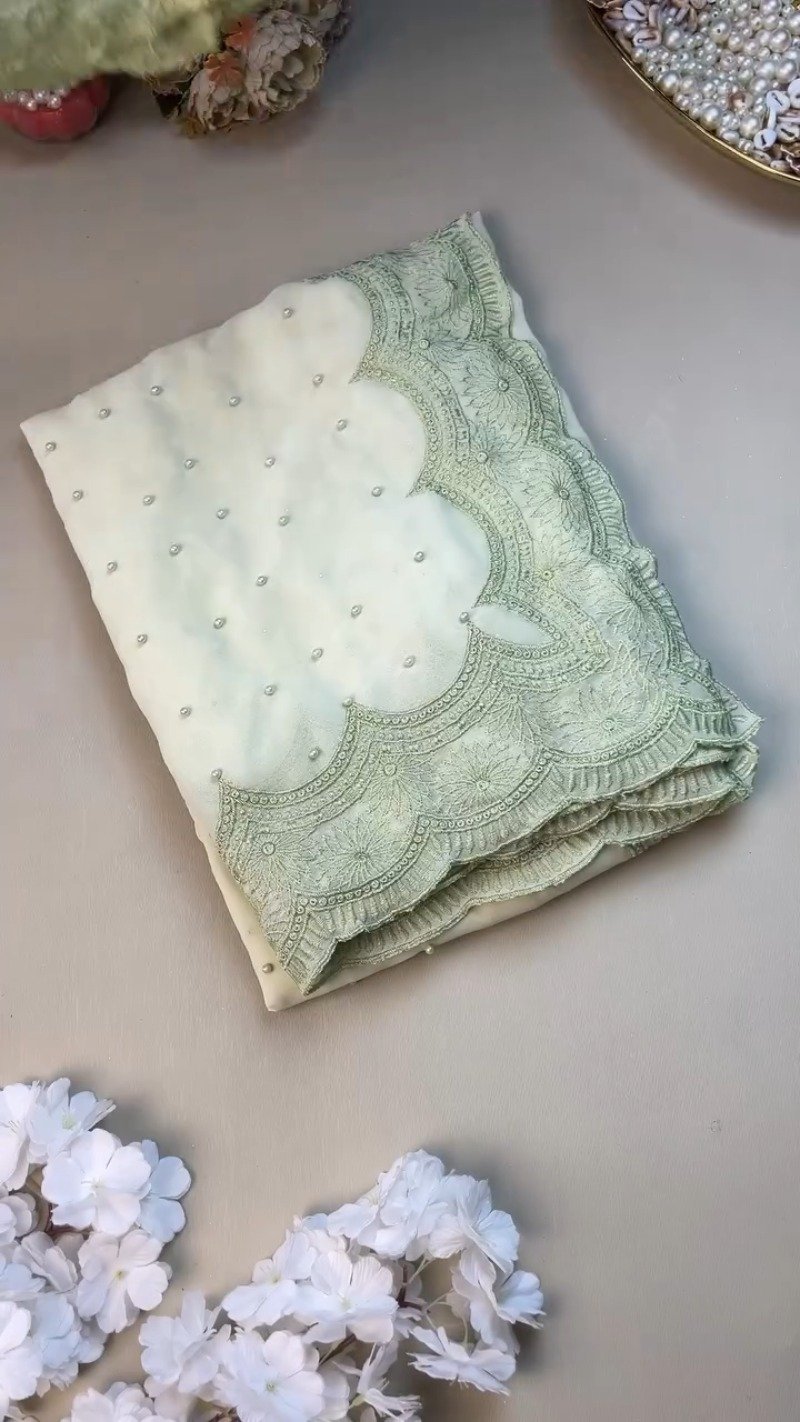 Sage Green Floral Embroidered Saree with Pearl Embellishments