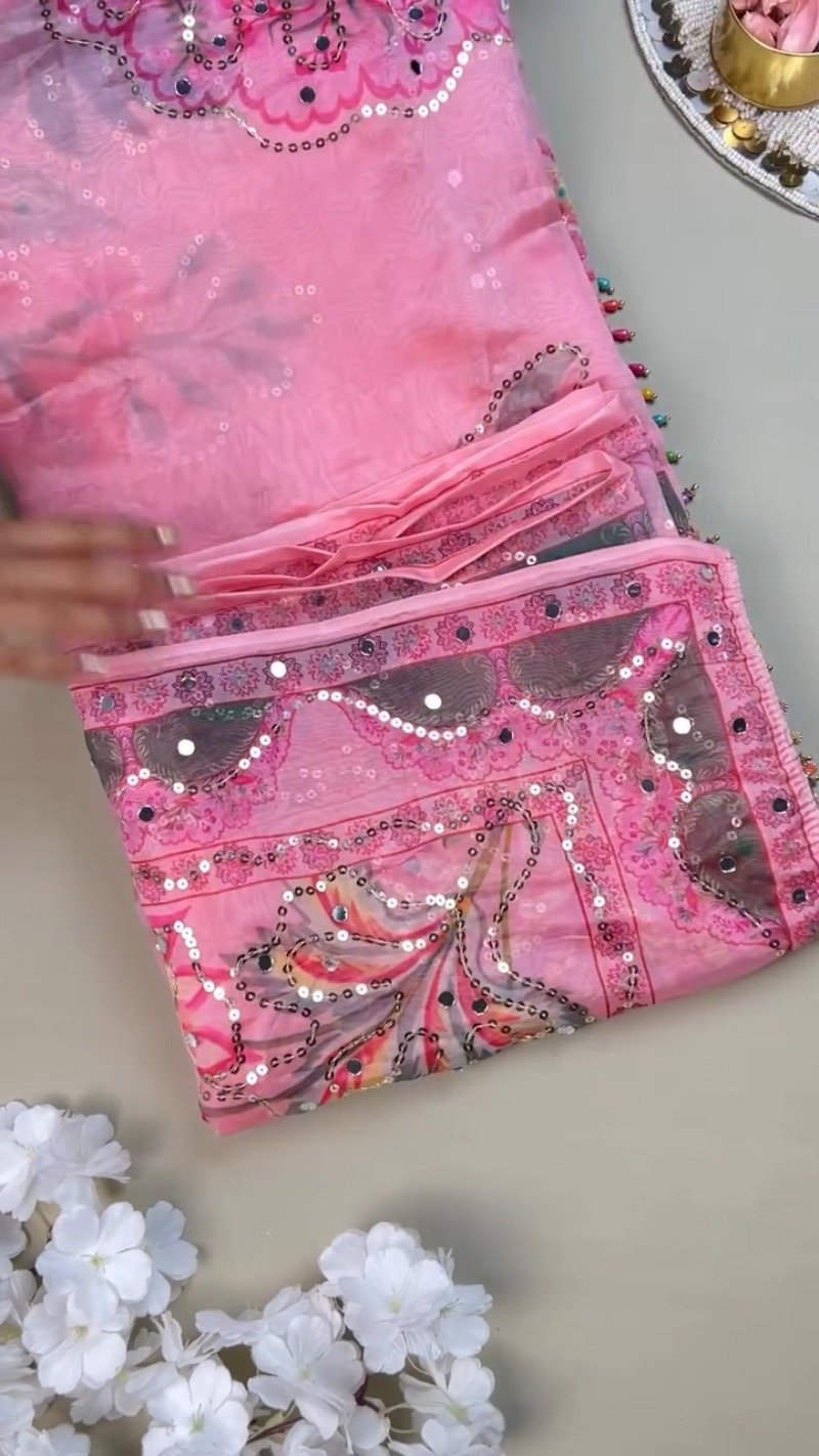 Enchanting Rose Pink Floral Sequin Mirror-Work Saree Set with Unstitched Blouse Piece