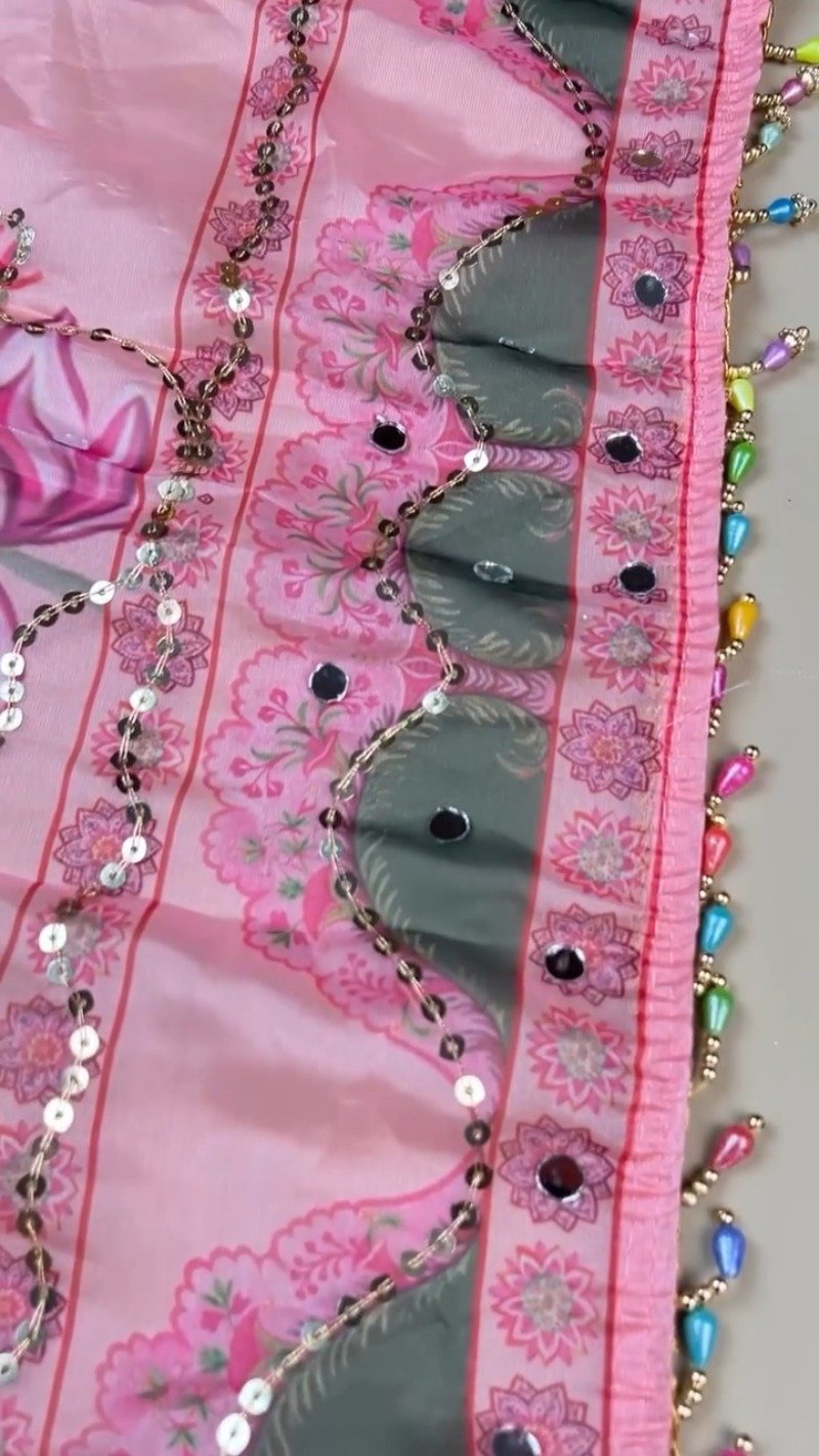 Enchanting Rose Pink Floral Sequin Mirror-Work Saree Set with Unstitched Blouse Piece - Image 3