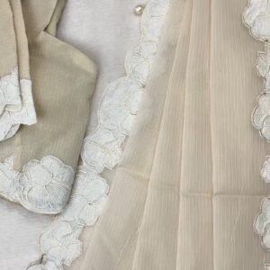Ethereal Ivory Scalloped Kota Doria Ethnic Set with Floral Embroidery