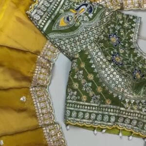 Olive Green Embroidered Silk Blouse with Mustard Yellow Saree – A Masterpiece of Traditional Elegance