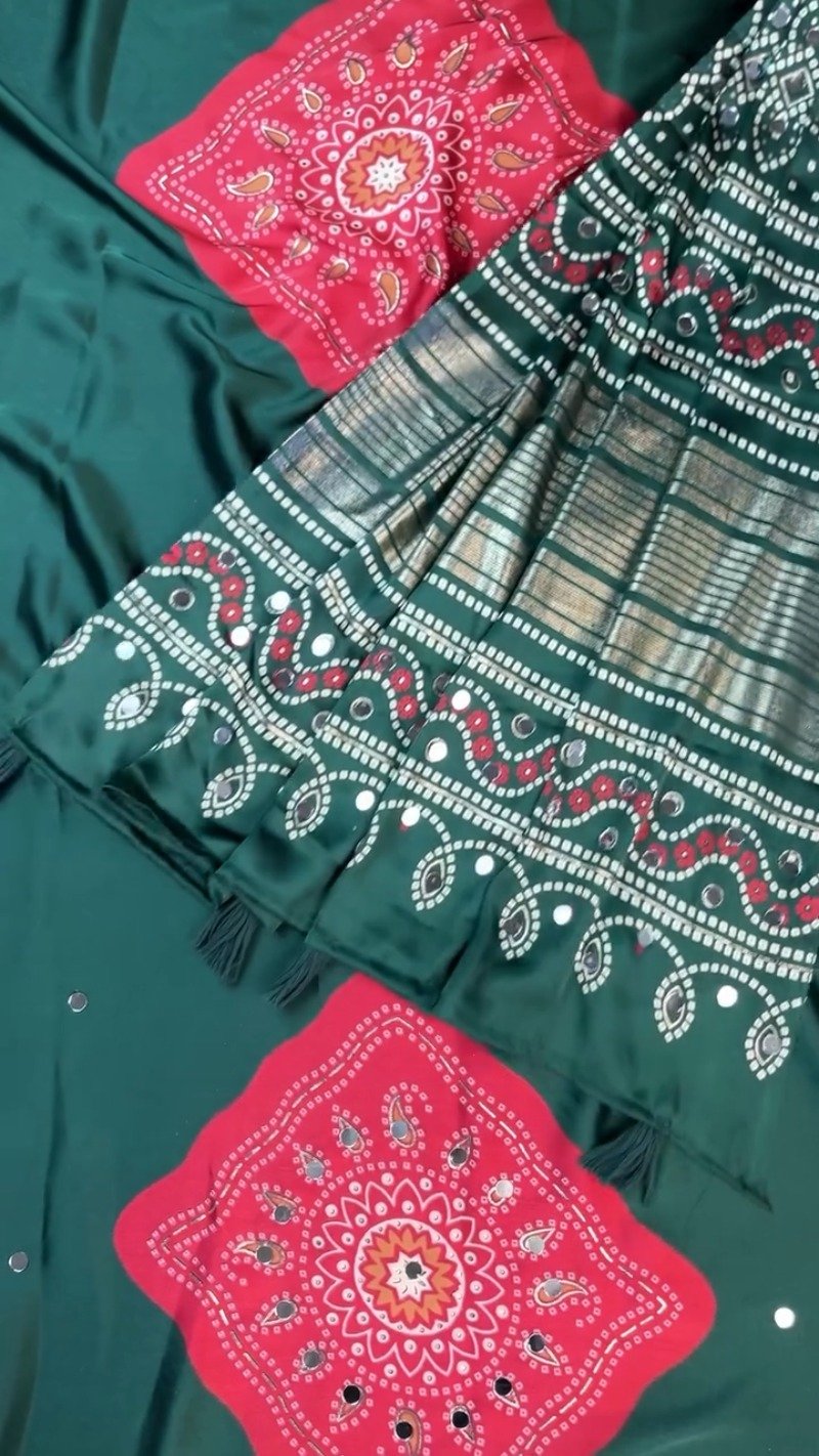 Enchanting Bottle Green Bandhani-Inspired Satin Saree with Mirror Work – Available in Deep Forest Green & Vibrant Tomato Red - Image 4