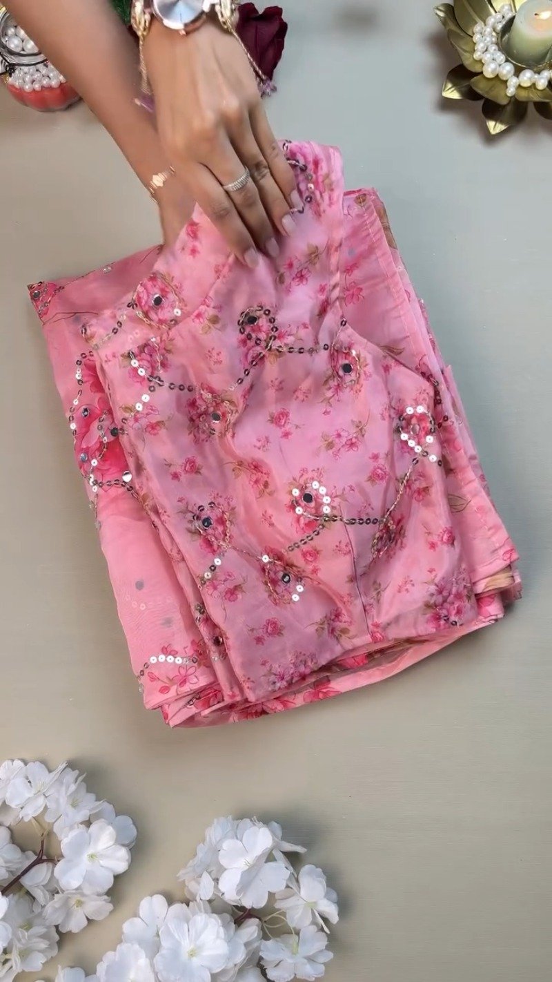 Rosy Muse Mirror-Work Floral Organza Saree Set