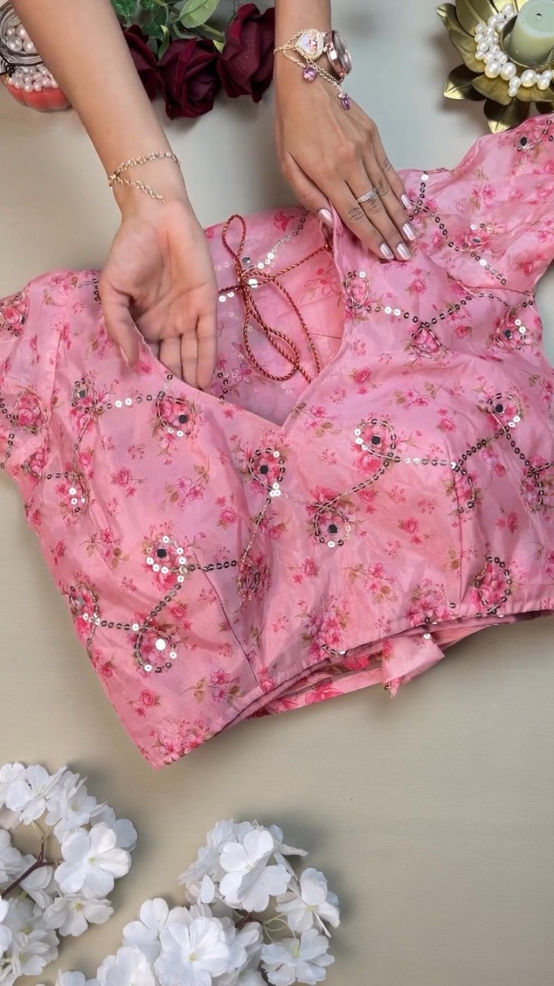 Rosy Muse Mirror-Work Floral Organza Saree Set - Image 2