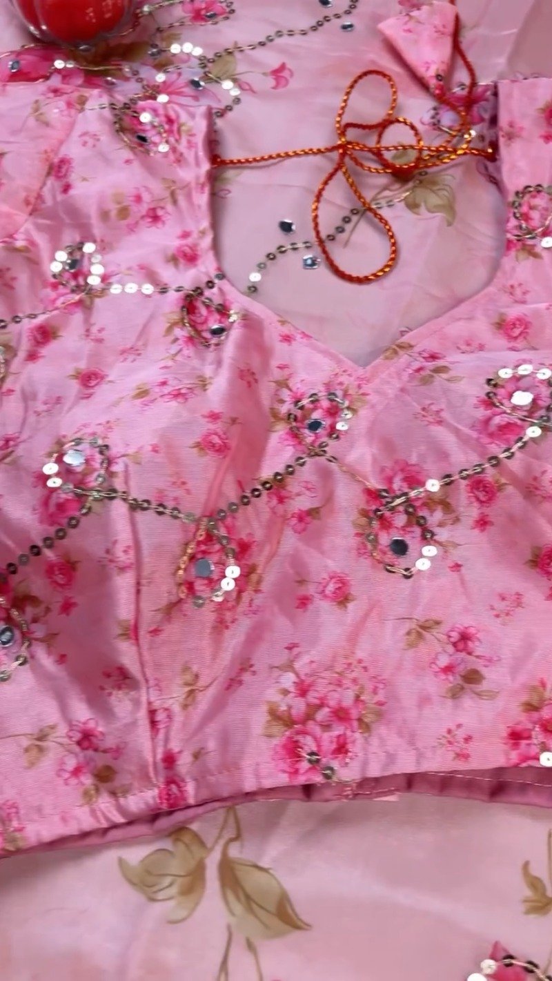 Rosy Muse Mirror-Work Floral Organza Saree Set - Image 3