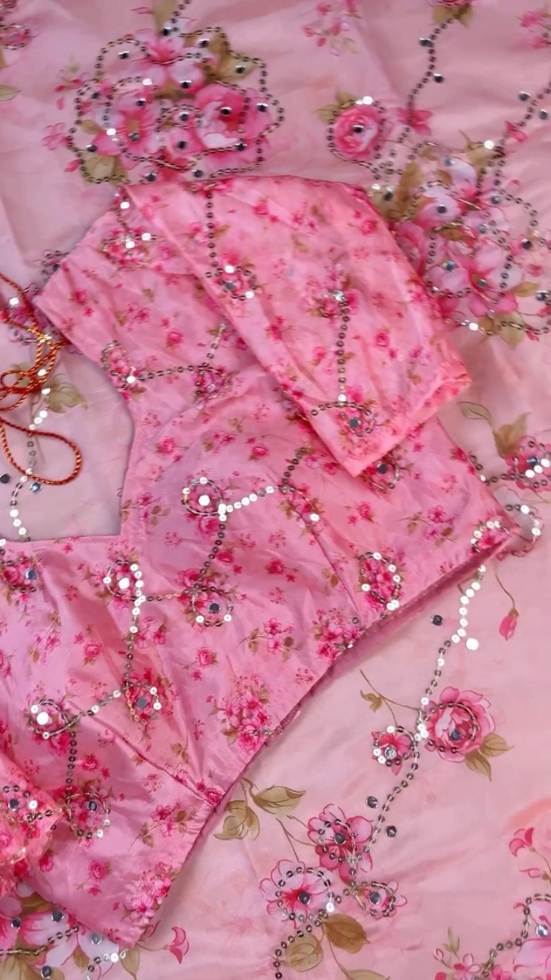 Rosy Muse Mirror-Work Floral Organza Saree Set - Image 4