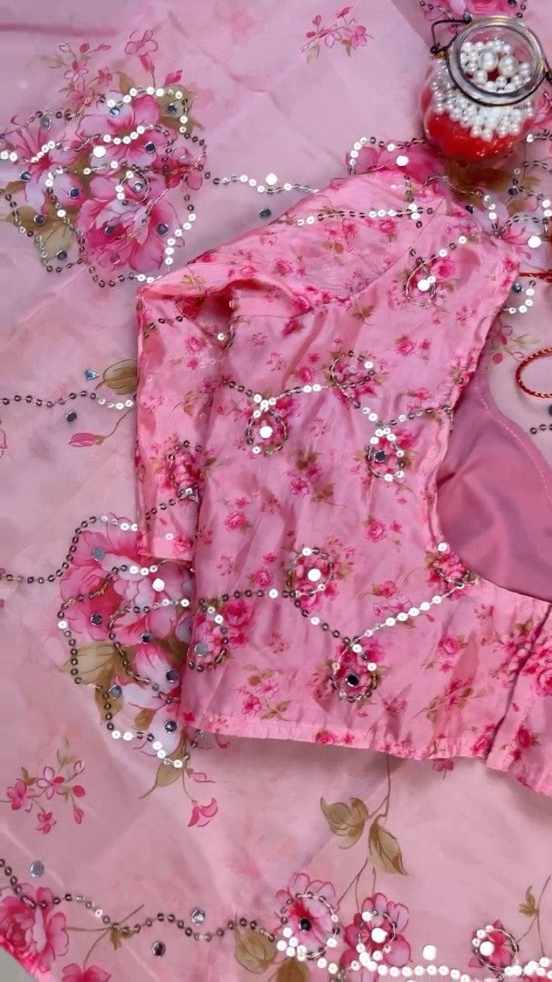 Rosy Muse Mirror-Work Floral Organza Saree Set - Image 5