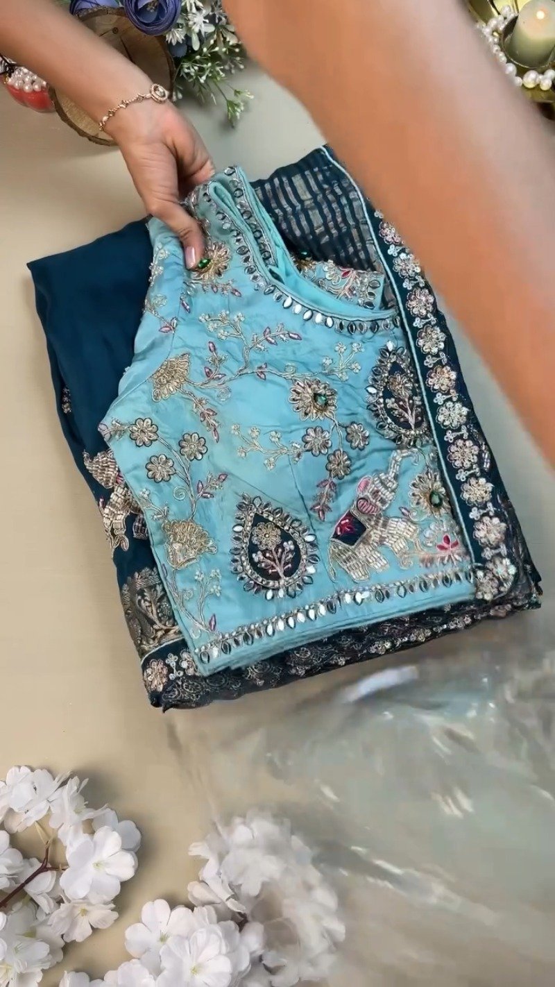 Royal Elephant Motif Embroidered Teal Blue Saree with Sky Blue Blouse β Single Colour Variant