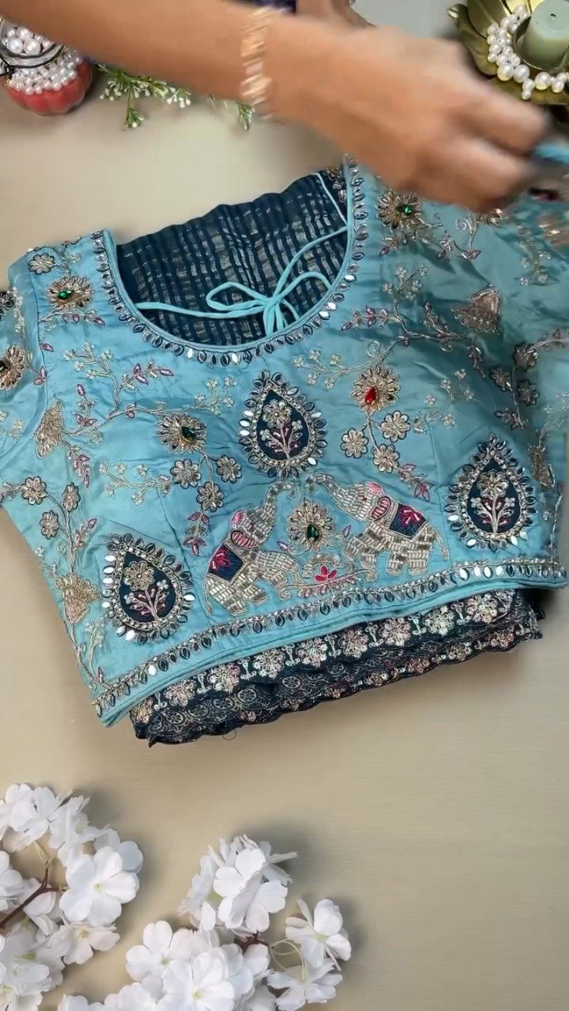 Royal Elephant Motif Embroidered Teal Blue Saree with Sky Blue Blouse β Single Colour Variant - Image 2