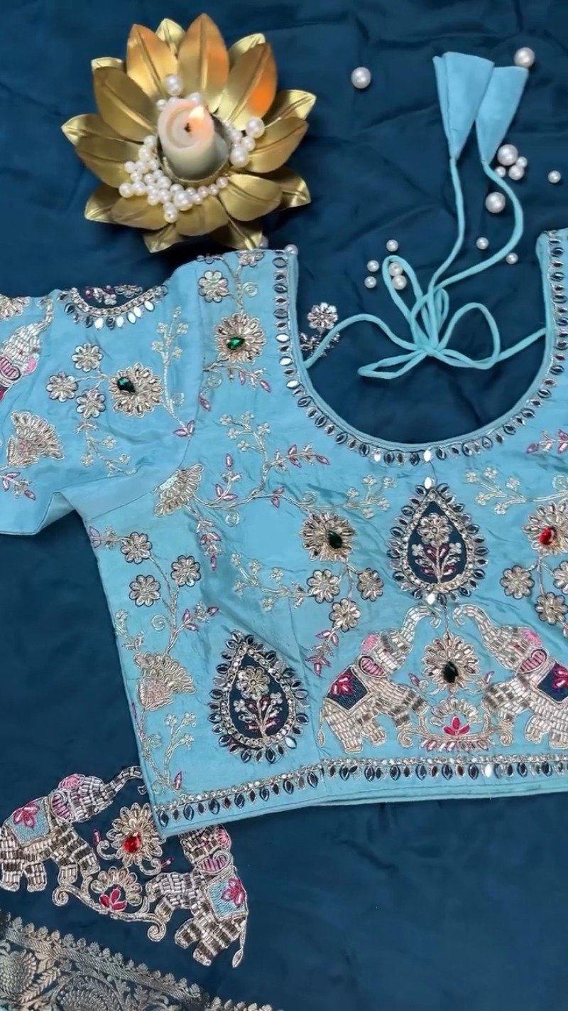 Royal Elephant Motif Embroidered Teal Blue Saree with Sky Blue Blouse β Single Colour Variant - Image 5