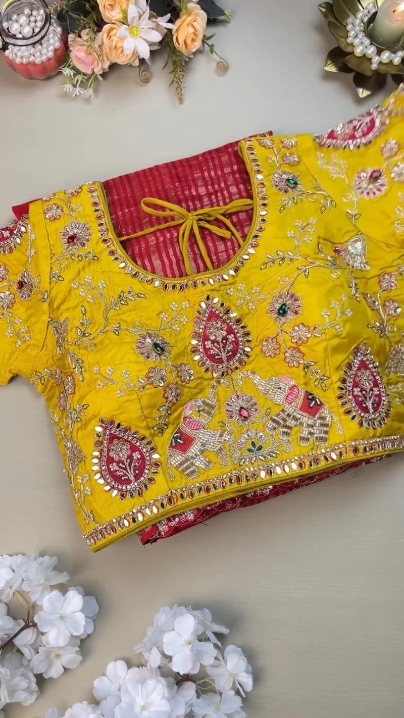 Regal Elephant Motif Handcrafted Saree with Contrast Blouse โ Available in Crimson Red & Sun-Kissed Yellow - Image 2
