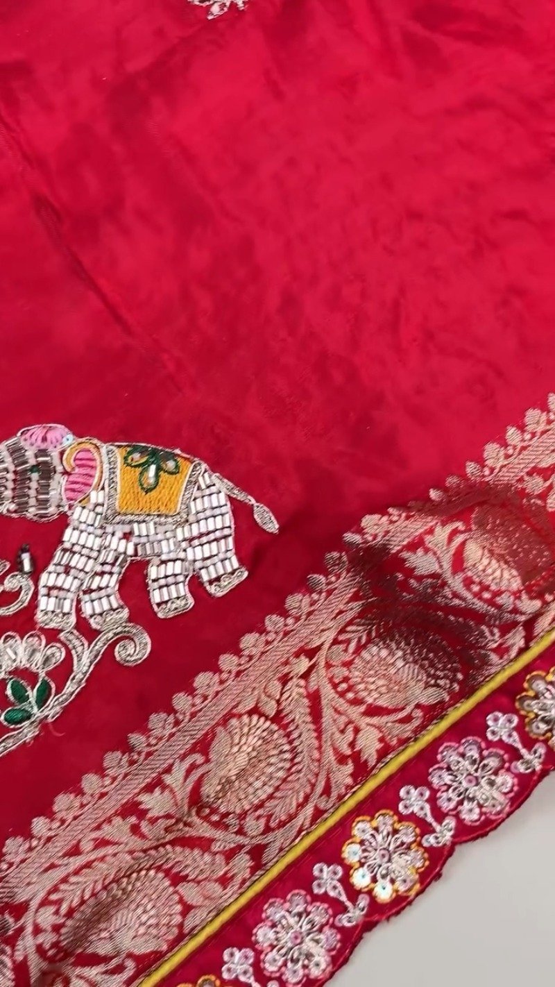 Regal Elephant Motif Handcrafted Saree with Contrast Blouse โ Available in Crimson Red & Sun-Kissed Yellow - Image 5