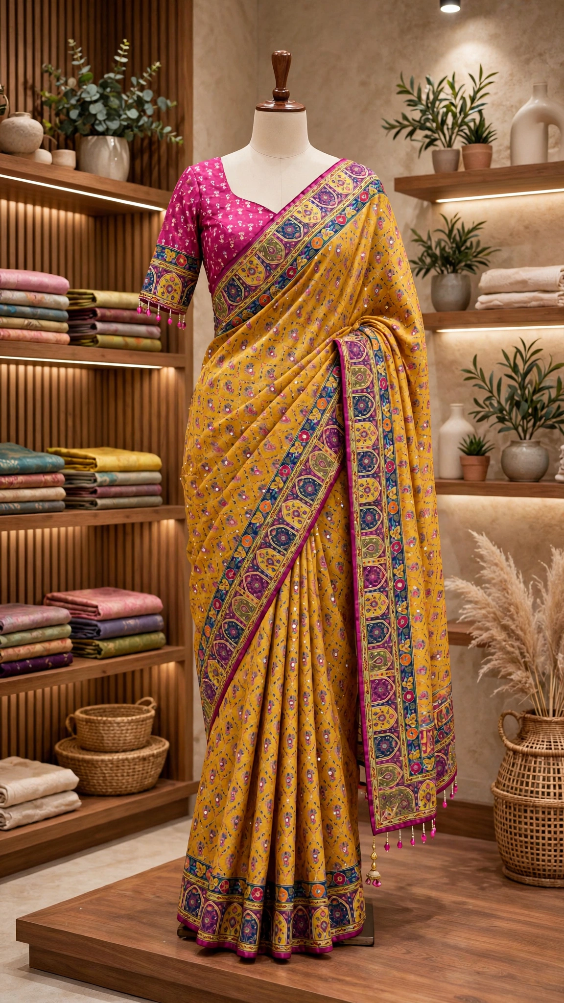 Aurelia Floral Heritage Saree Set with Embellished Border – Available in Vibrant Yellow & Fuchsia - Image 2