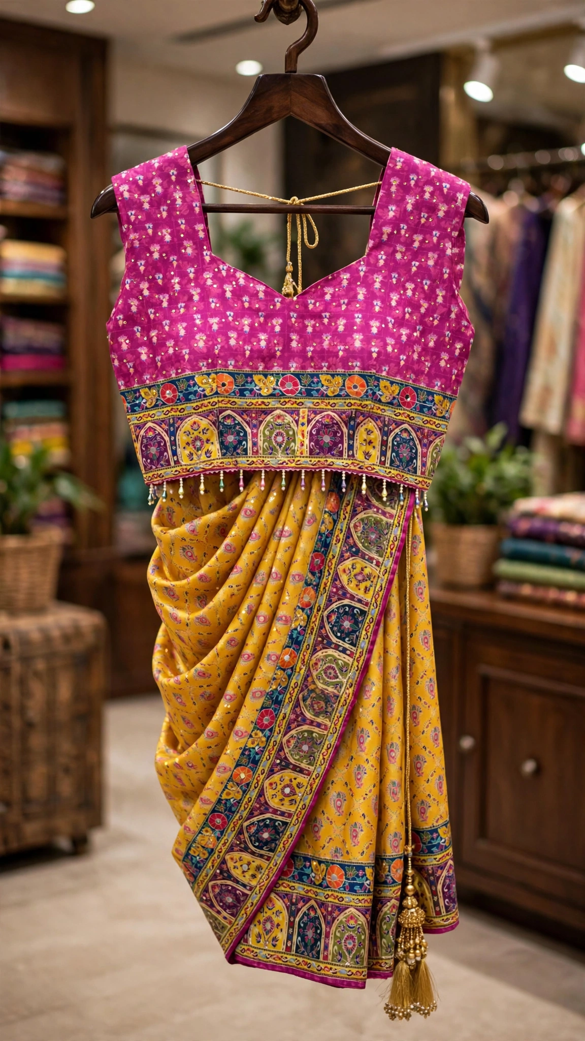 Aurelia Floral Heritage Saree Set with Embellished Border – Available in Vibrant Yellow & Fuchsia