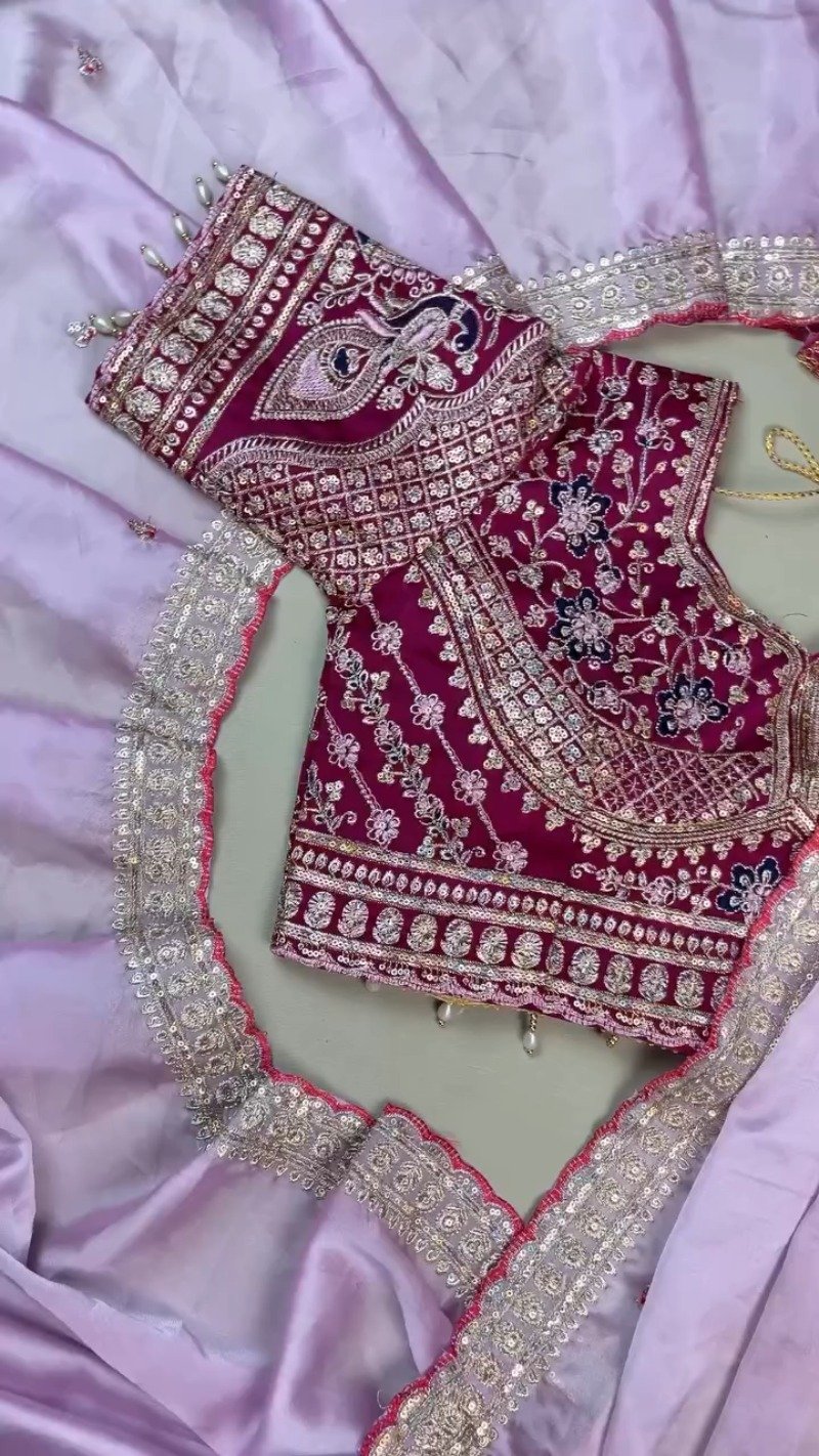 Royal Magenta & Pastel Lavender Embellished Silk Saree Set โ Available in Magenta & Lavender