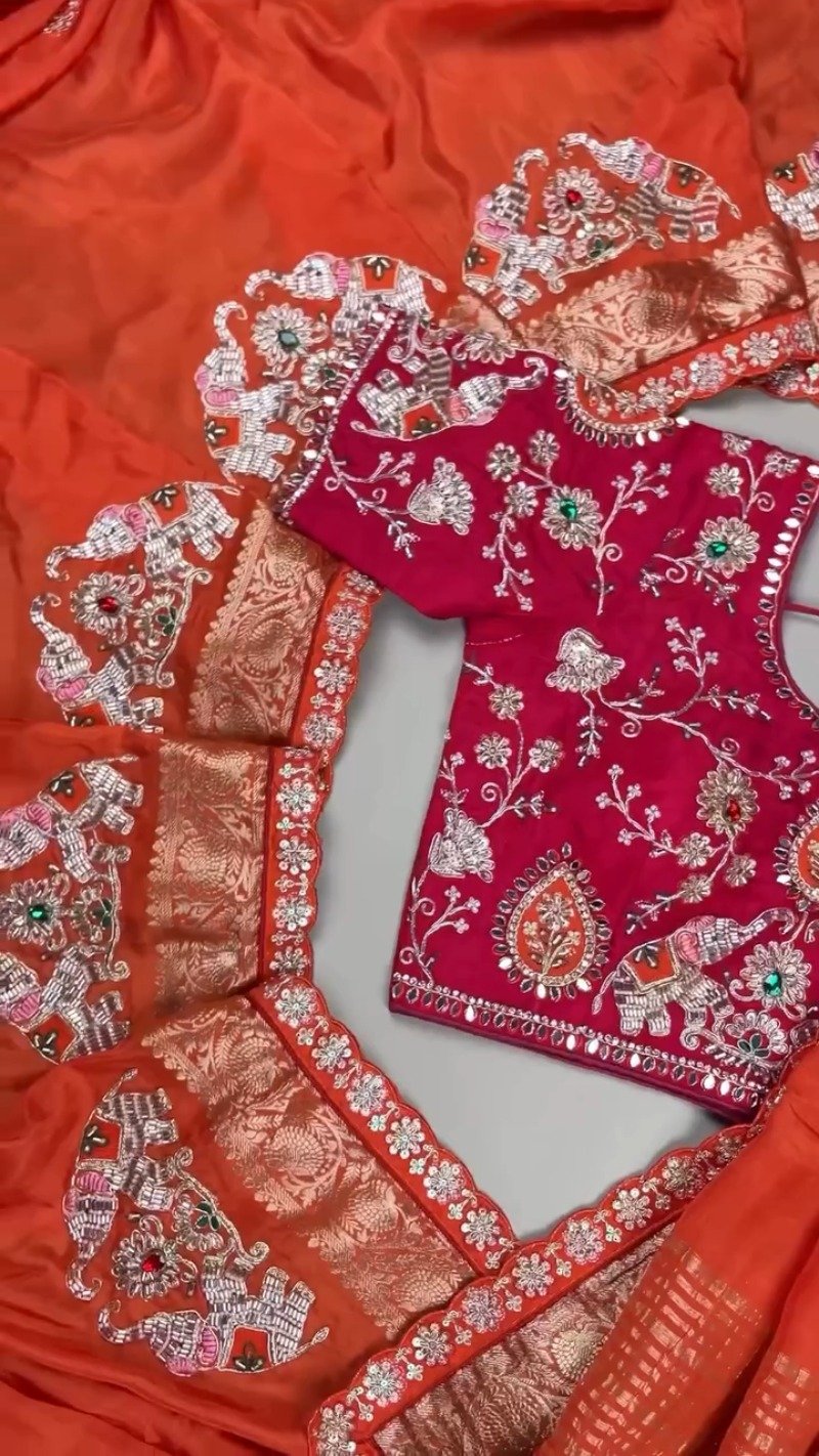Royal Elephant Motif Hand-Embroidered Saree Set โ Available in Orange & Fuchsia Pink
