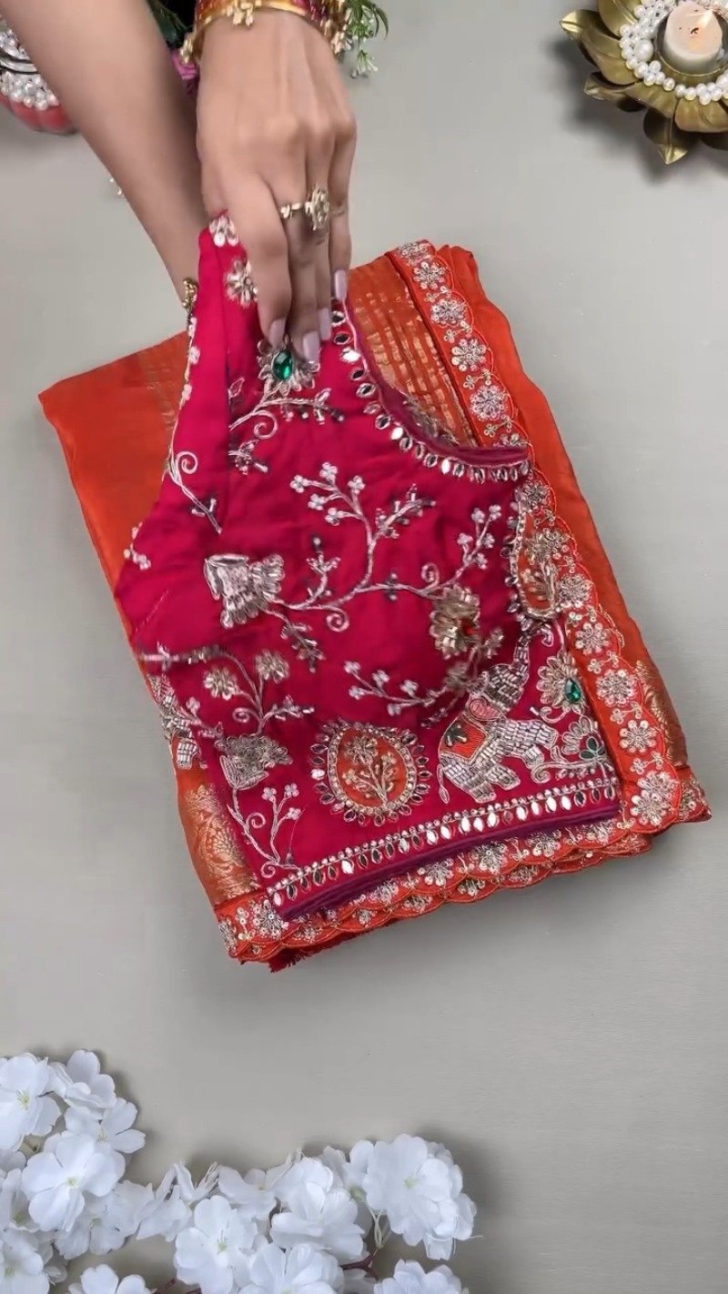 Royal Elephant Motif Hand-Embroidered Saree Set โ Available in Orange & Fuchsia Pink - Image 2