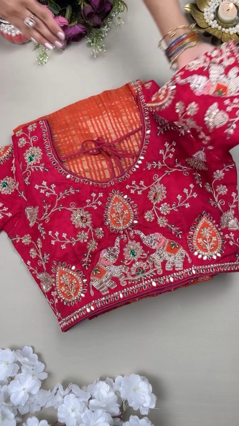 Royal Elephant Motif Hand-Embroidered Saree Set โ Available in Orange & Fuchsia Pink - Image 3