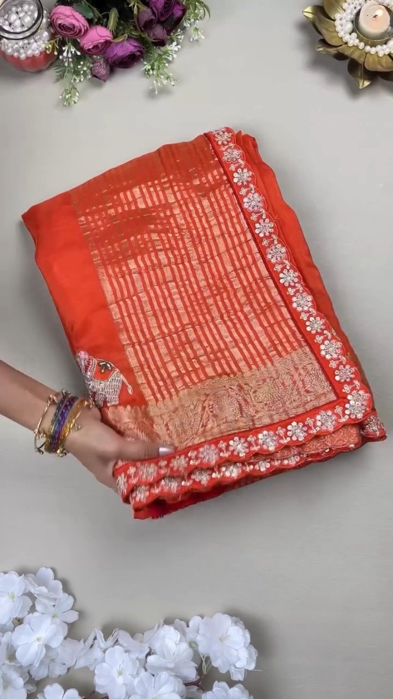 Royal Elephant Motif Hand-Embroidered Saree Set โ Available in Orange & Fuchsia Pink - Image 4