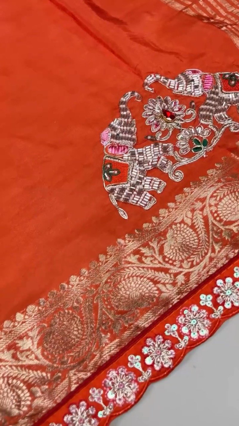 Royal Elephant Motif Hand-Embroidered Saree Set โ Available in Orange & Fuchsia Pink - Image 5