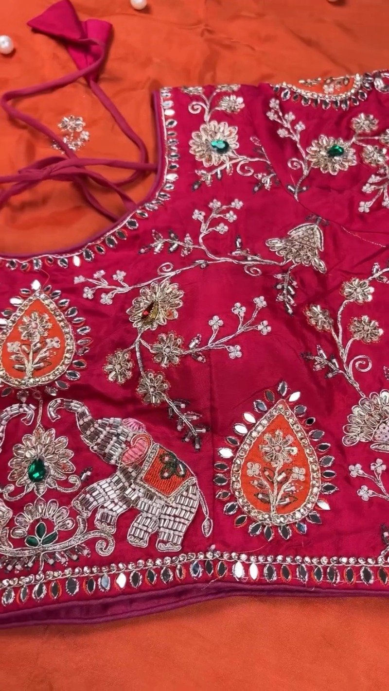 Royal Elephant Motif Hand-Embroidered Saree Set โ Available in Orange & Fuchsia Pink - Image 6
