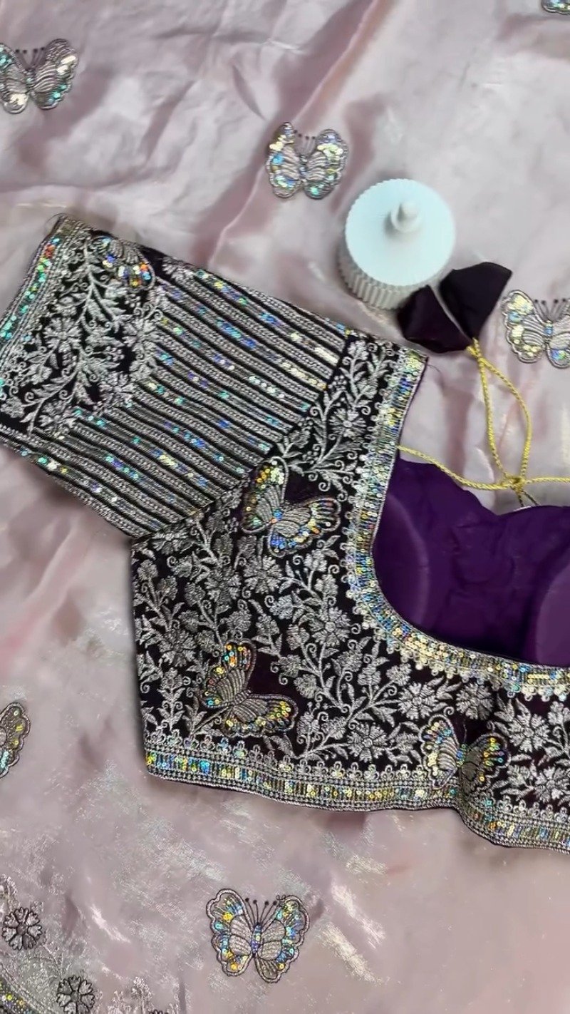 Enchanting Butterfly Embroidered Organza Saree Set β Available in Deep Plum & Soft Blush - Image 5