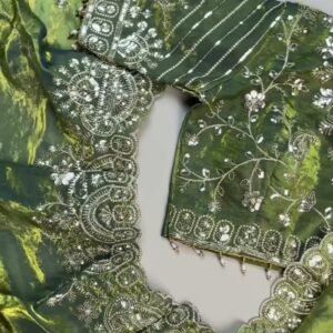 Olive Green Hand-Embroidered Organza Saree Set with Embellished Blouse