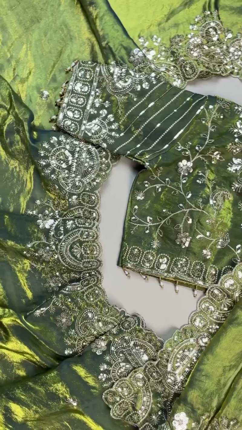 Olive Green Hand-Embroidered Organza Saree Set with Embellished Blouse