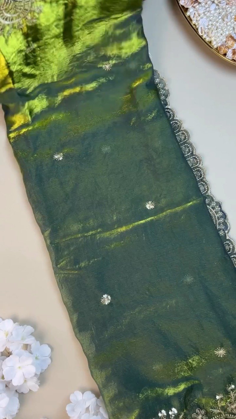 Olive Green Hand-Embroidered Organza Saree Set with Embellished Blouse - Image 2