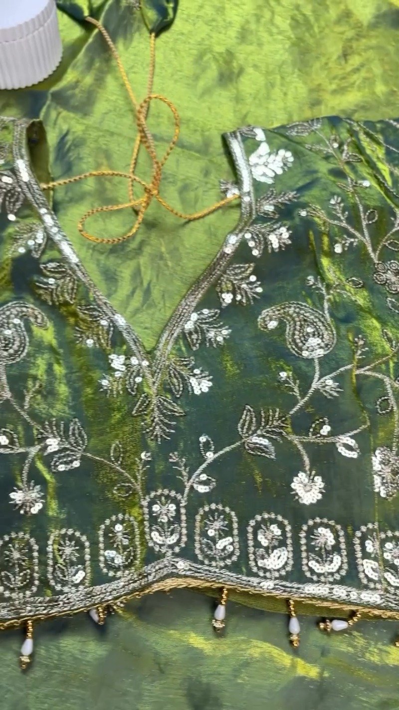 Olive Green Hand-Embroidered Organza Saree Set with Embellished Blouse - Image 4