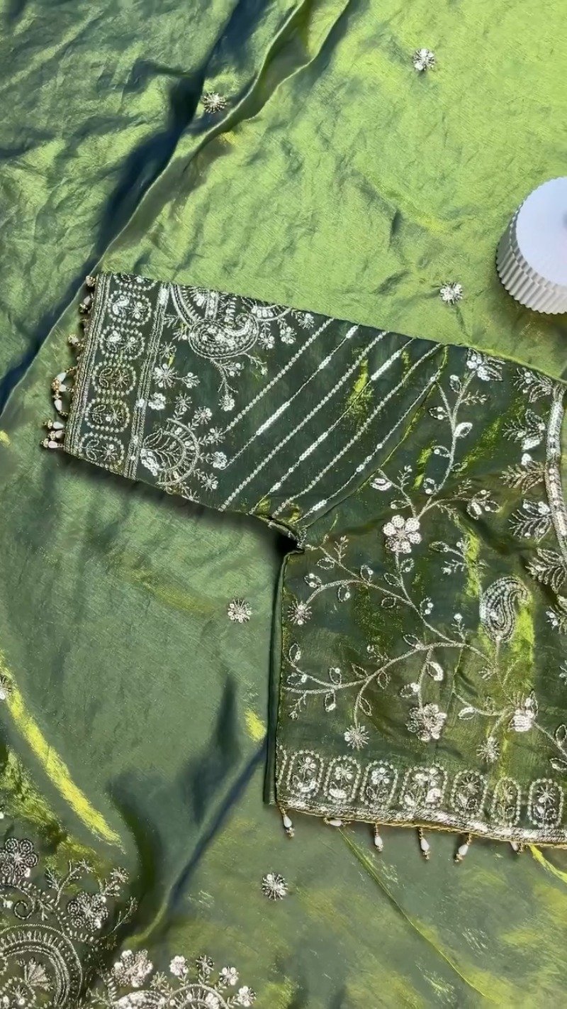 Olive Green Hand-Embroidered Organza Saree Set with Embellished Blouse - Image 5