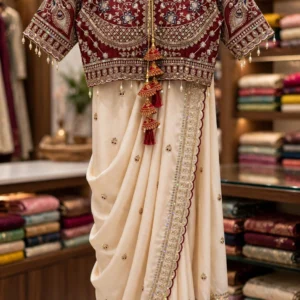 Opulent Ivory & Maroon Hand-Embellished Silk Saree Ensemble