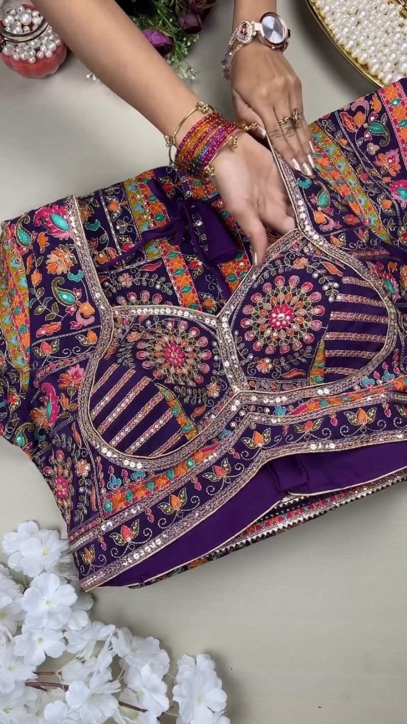 Royal Plum Embroidered Silk Lehenga Choli Set with Intricate Floral & Paisley Detailing - Image 2