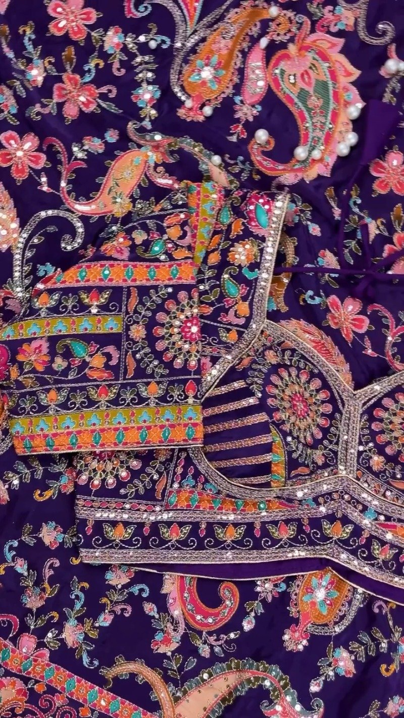 Royal Plum Embroidered Silk Lehenga Choli Set with Intricate Floral & Paisley Detailing - Image 6