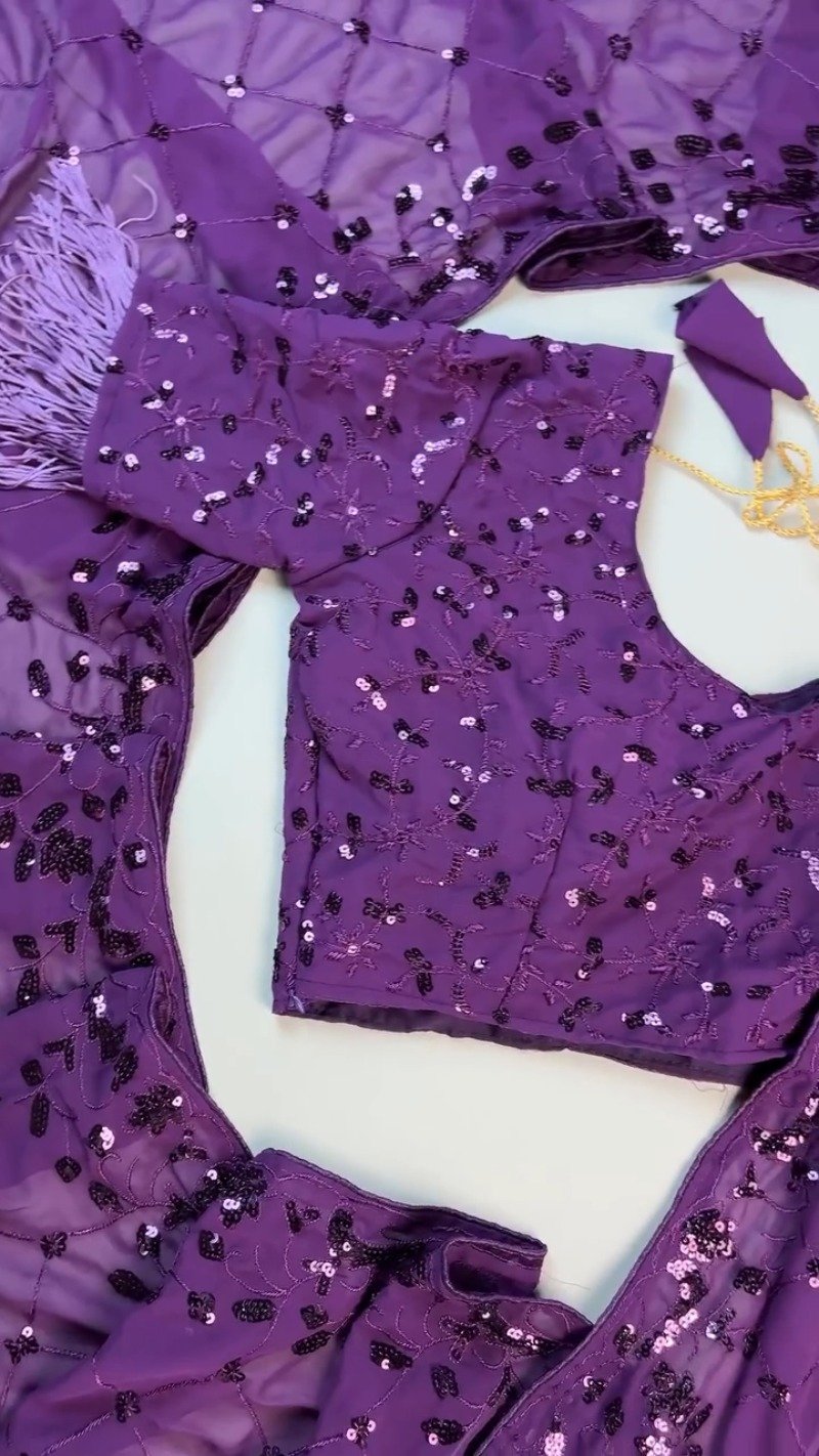 Royal Purple Sequin Embroidered Georgette Saree Ensemble with Tassel Detailing