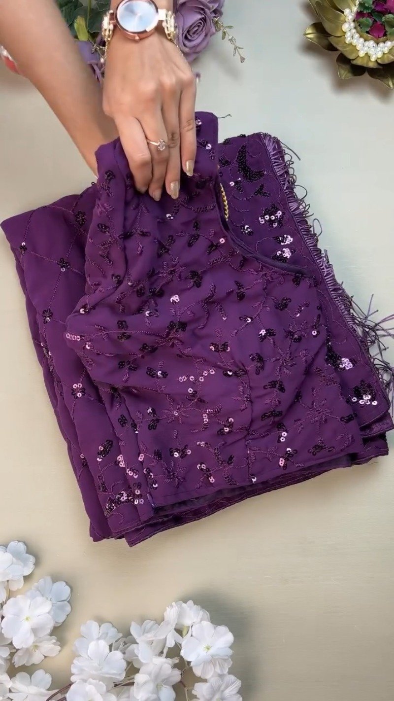Royal Purple Sequin Embroidered Georgette Saree Ensemble with Tassel Detailing - Image 2