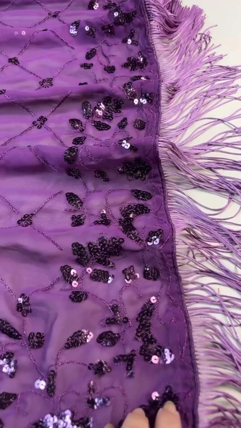 Royal Purple Sequin Embroidered Georgette Saree Ensemble with Tassel Detailing - Image 4