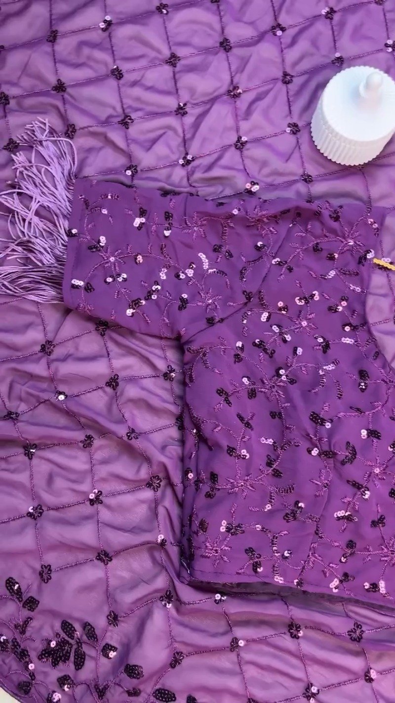 Royal Purple Sequin Embroidered Georgette Saree Ensemble with Tassel Detailing - Image 6