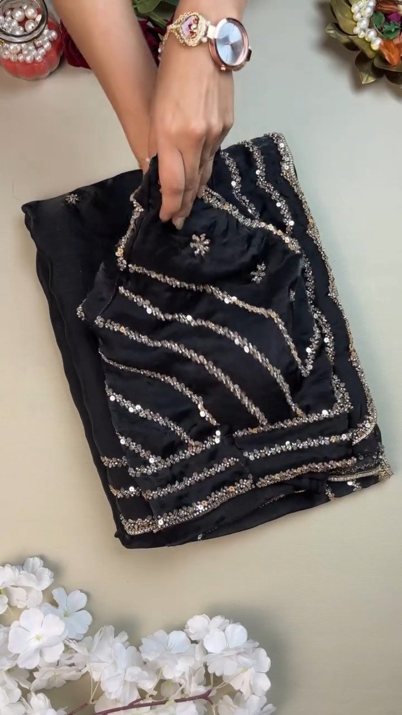 Midnight Radiance Embellished Saree and Blouse Set β Available in Black - Image 2