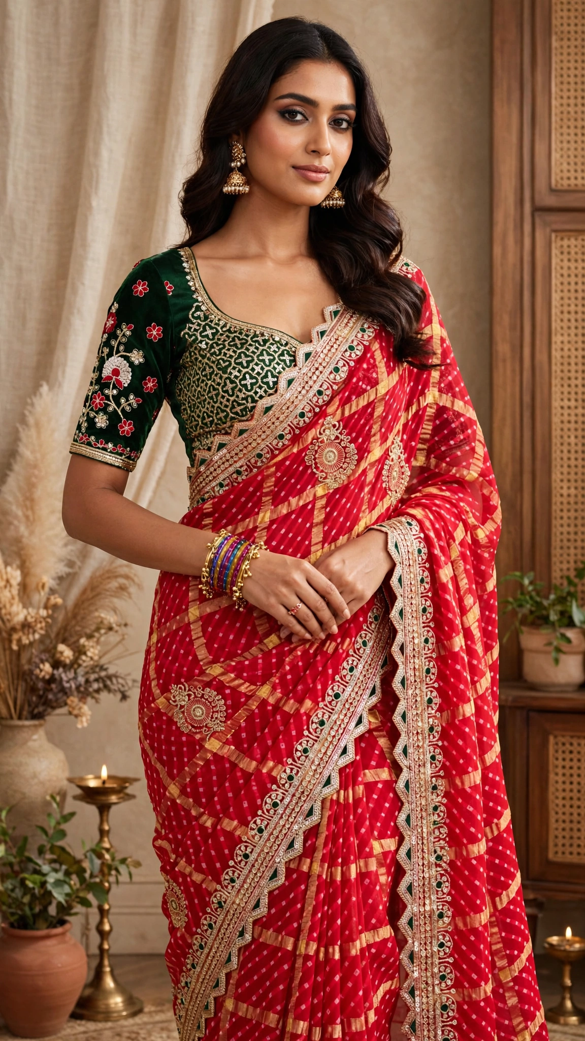 Regal Emerald & Vermilion Bandhani Silk Saree β Available in Classic Red & Festive Deep Green - Image 2